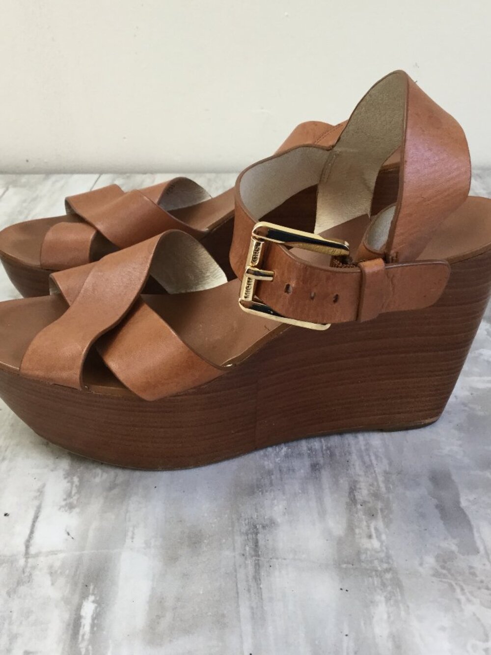 Michael Kors Caramel Leather Platform Wedge Sandals โ Size 8